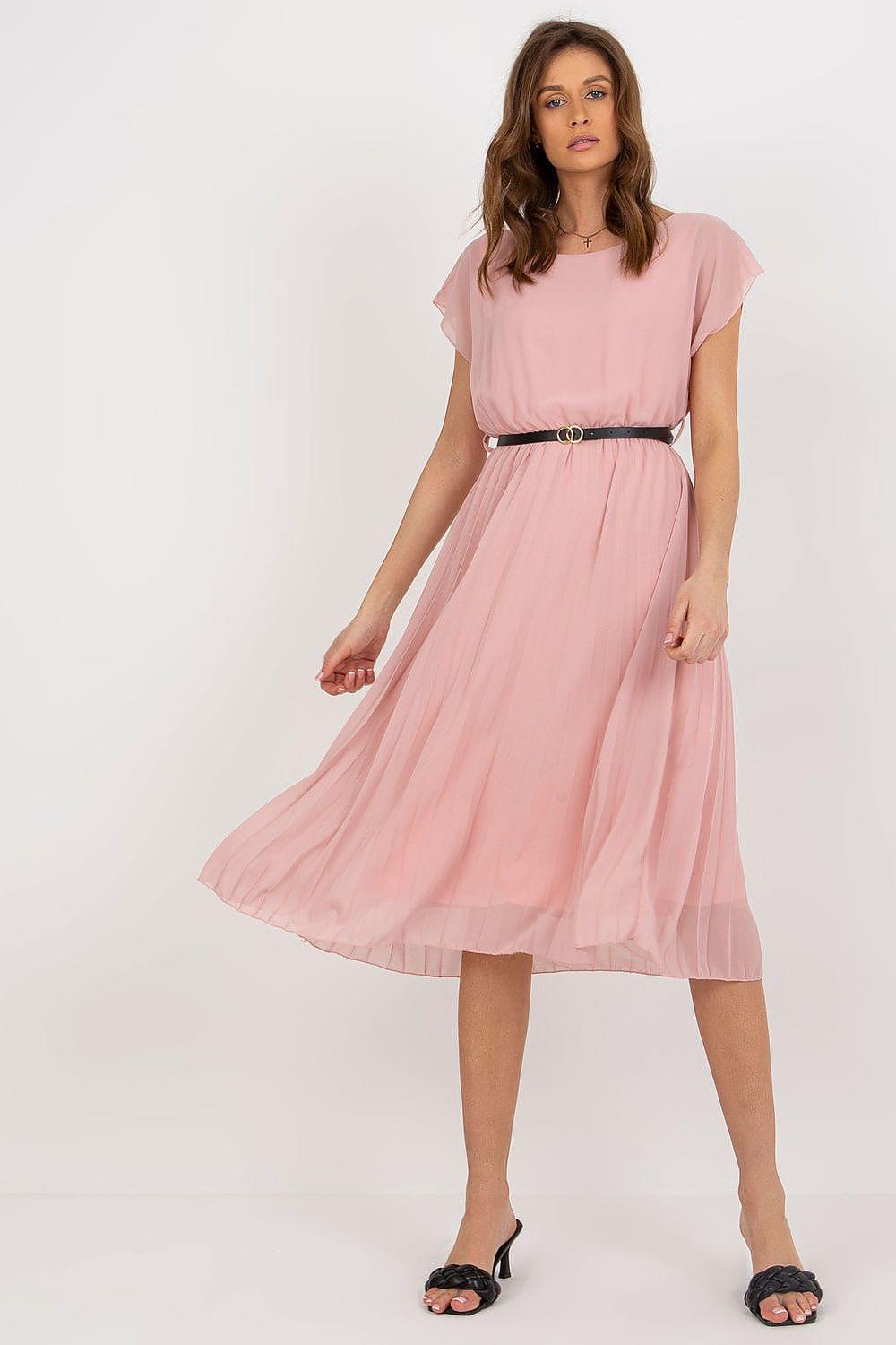 Pink midi daydress with short sleeves, pleated skirt, and belted waist