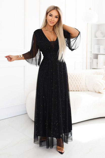 Numoco long black dress with sheer sleeves, V-neck, and glitter tulle skirt