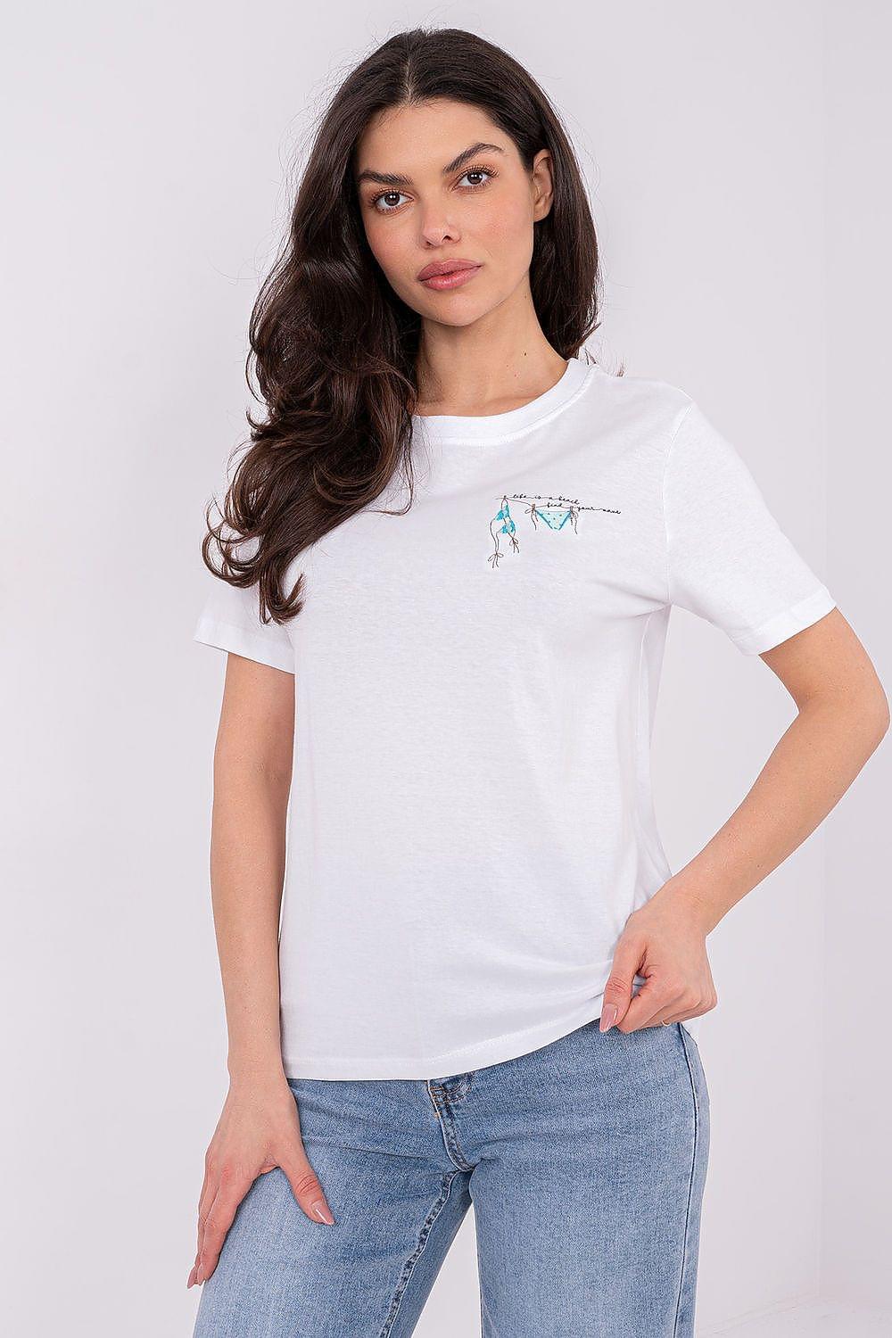 White crew-neck T-shirt with short sleeves and small chest graphic