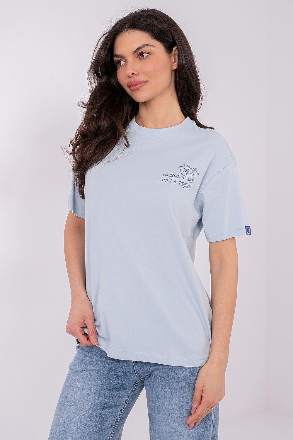 Light blue crew-neck T-shirt with small chest graphic and short sleeves