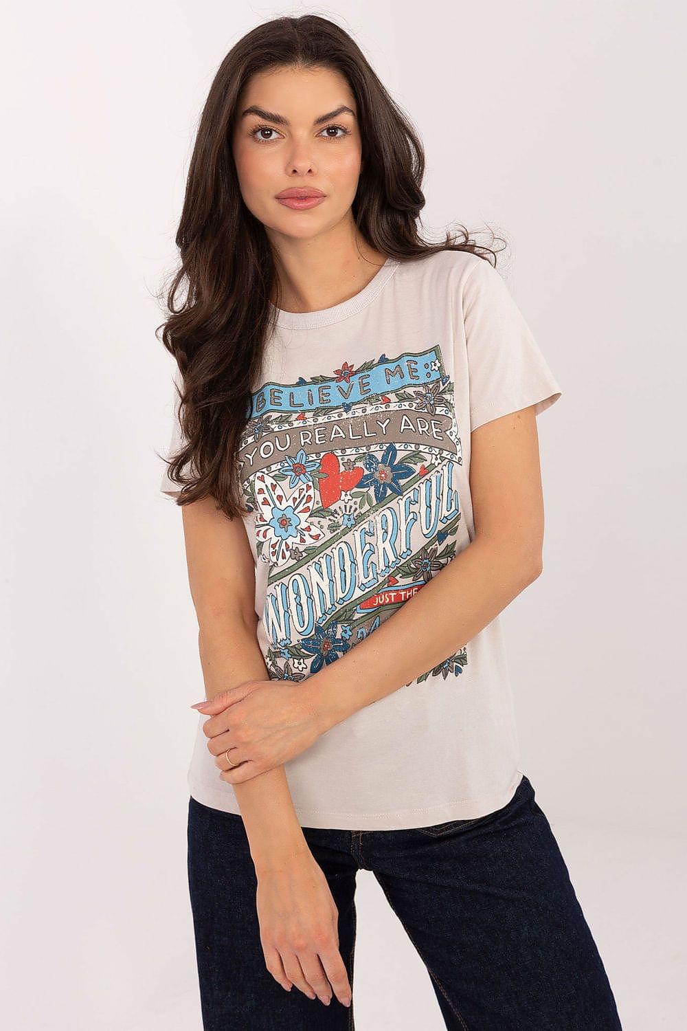 Beige graphic T-shirt with crew neck, short sleeves, and front floral typography print