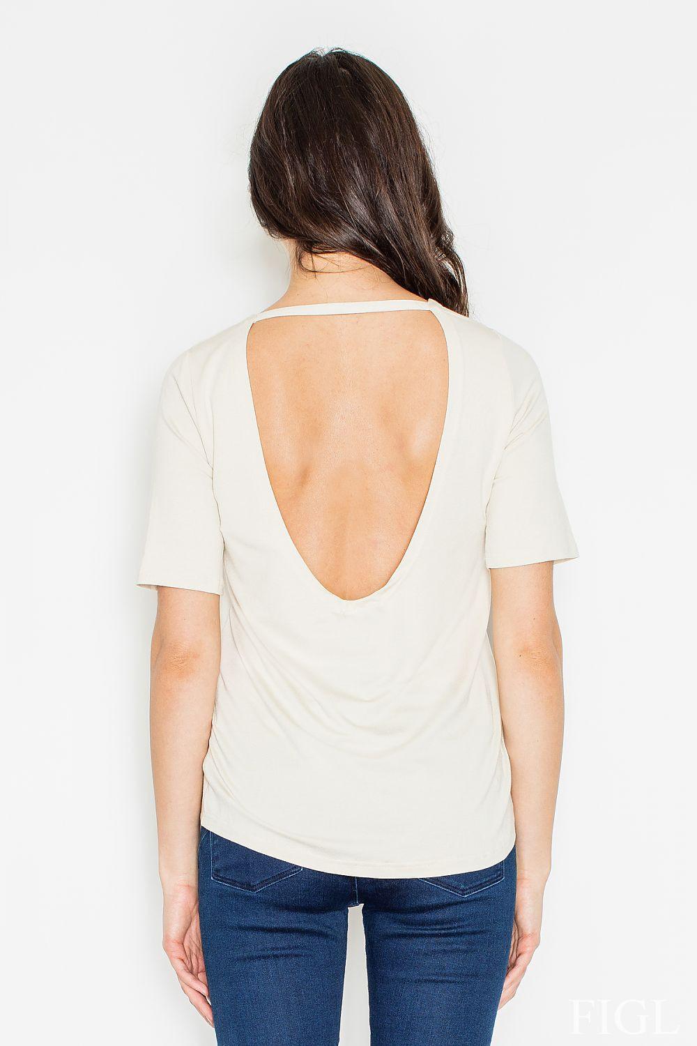 Short-sleeve blouse with open scoop back, beige