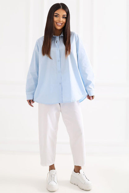 Light blue long-sleeve button-up shirt with pointed collar and button-front placket
