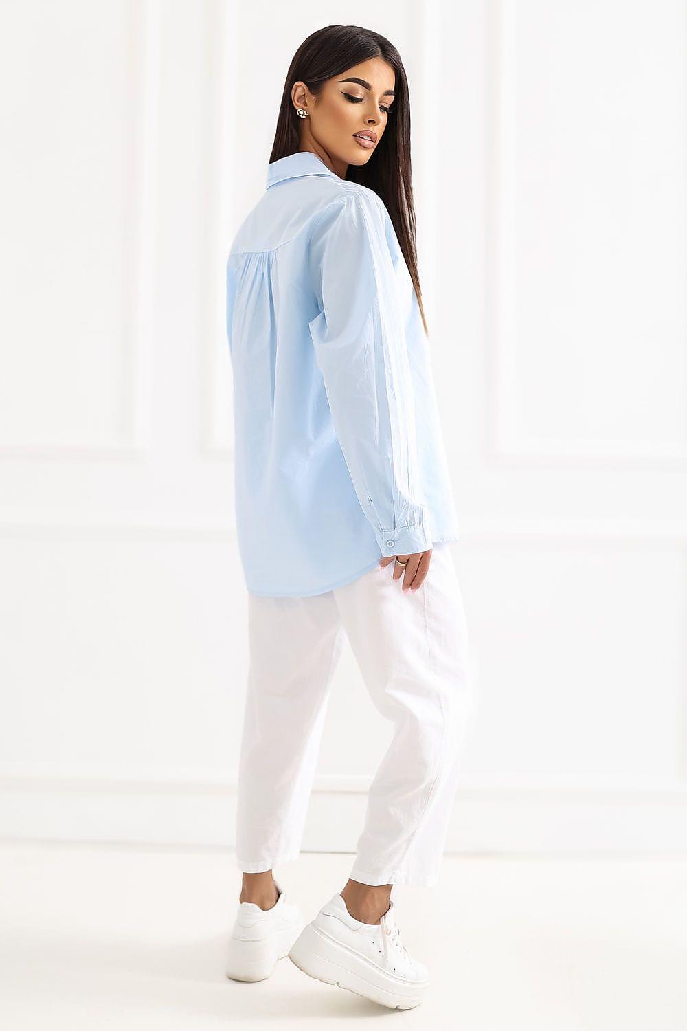 Light blue long-sleeve button-up shirt, side view with cuffed sleeves and collar