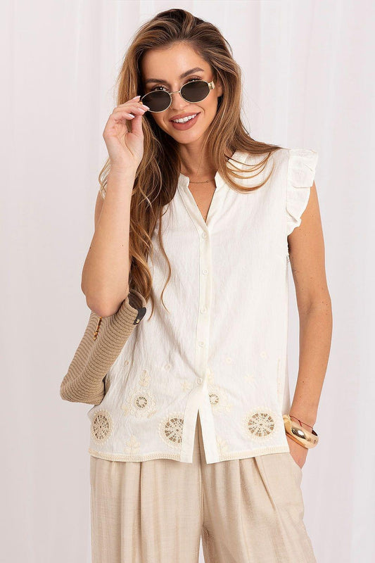 White sleeveless blouse with ruffled shoulders, V-neck, gold-button front