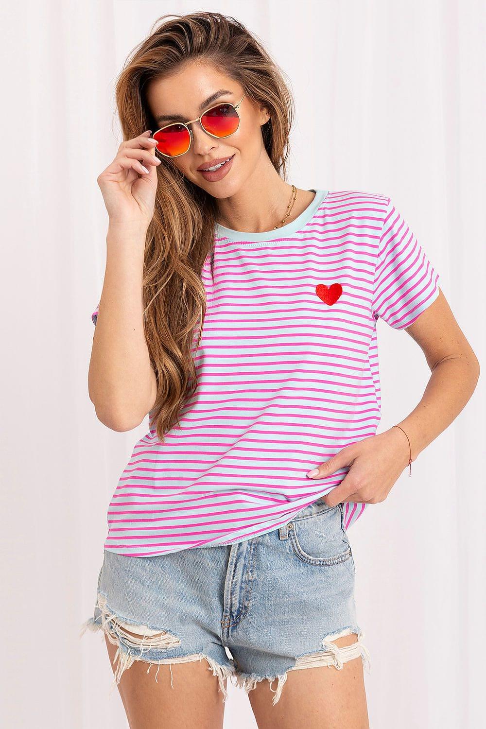 Pink and white striped T-shirt with small red heart emblem on chest
