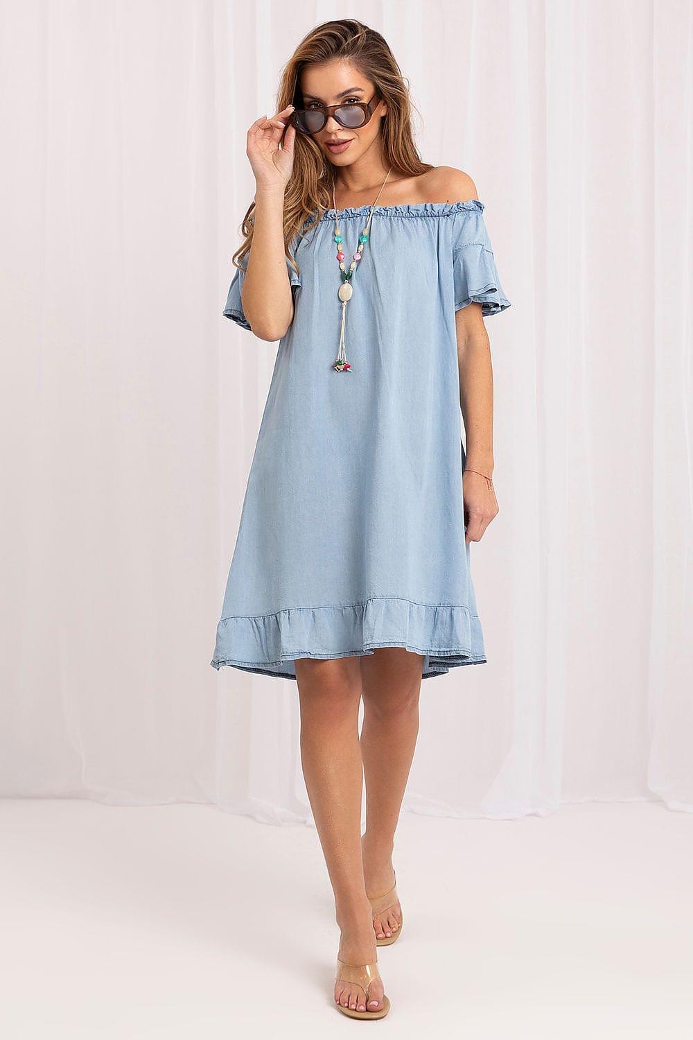 Light blue off-shoulder daydress with ruffled neckline and short tiered skirt