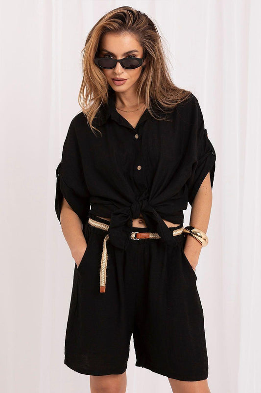 Black button-front playsuit with short sleeves and tied waist belt