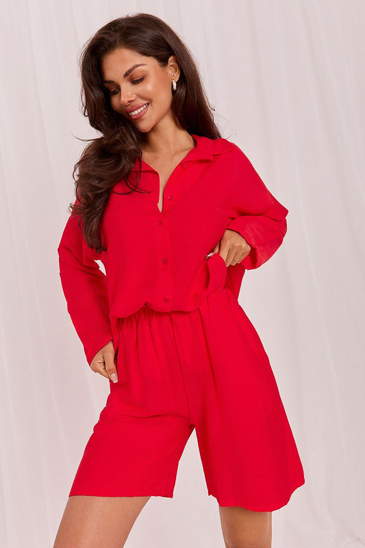 Red tunic top and shorts set with V-neck, long sleeves, ruffled hem