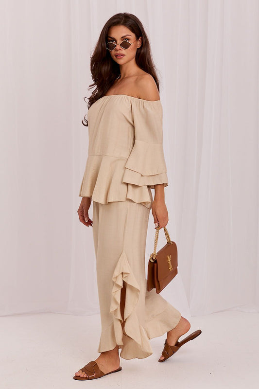 Beige two-piece set: off-shoulder ruffled top and wide-leg pants