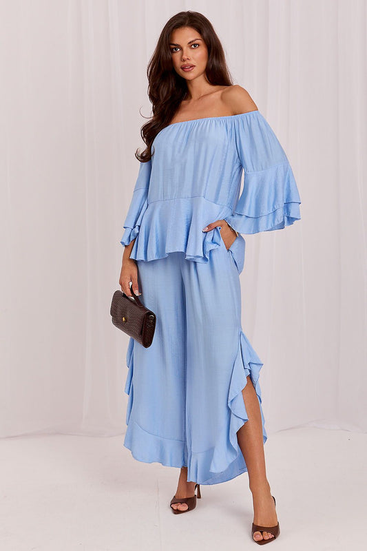Light blue off-shoulder tiered top and flowing midi skirt set with side ties