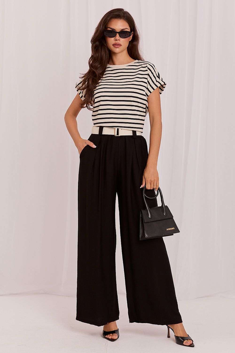 Women’s black wide-leg trousers with high waist and fabric belt