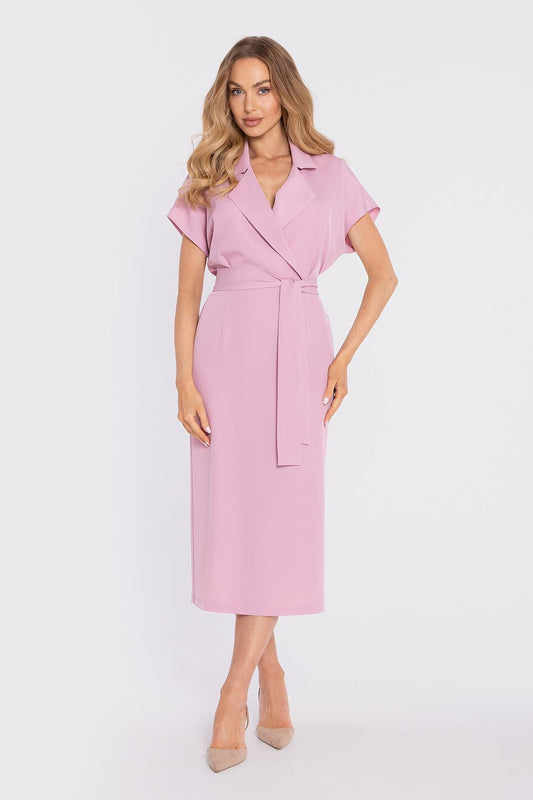 Pink cocktail dress with V-neck, short sleeves, wrap waist tie, midi length