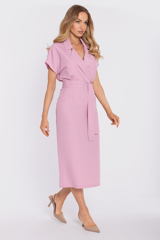 Pink cocktail dress with V-neck, short sleeves and wrap waist tie, side slit, midi