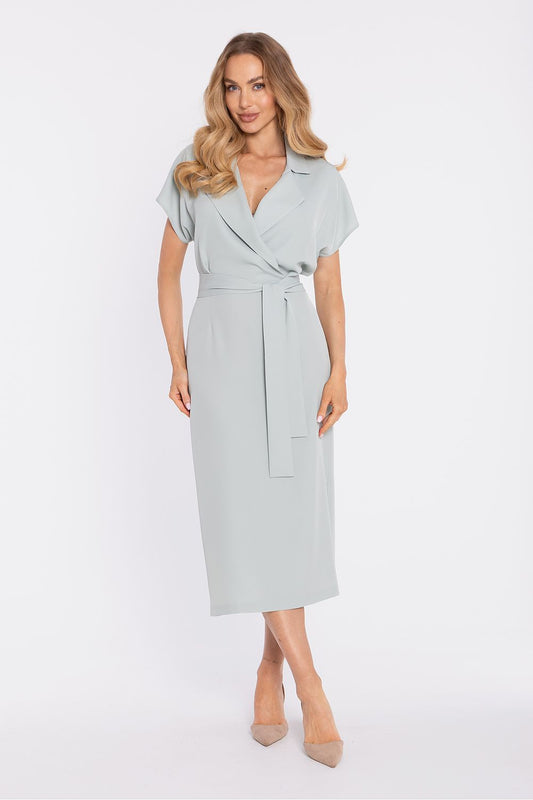 Light blue midi wrap dress with V-neck, short sleeves, and waist tie belt