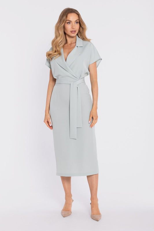 Light blue midi wrap dress with V-neck, cuffed short sleeves, and waist tie