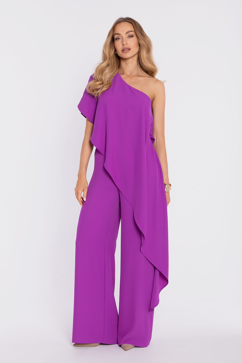 Violet draped one-shoulder jumpsuit with wide-leg pants