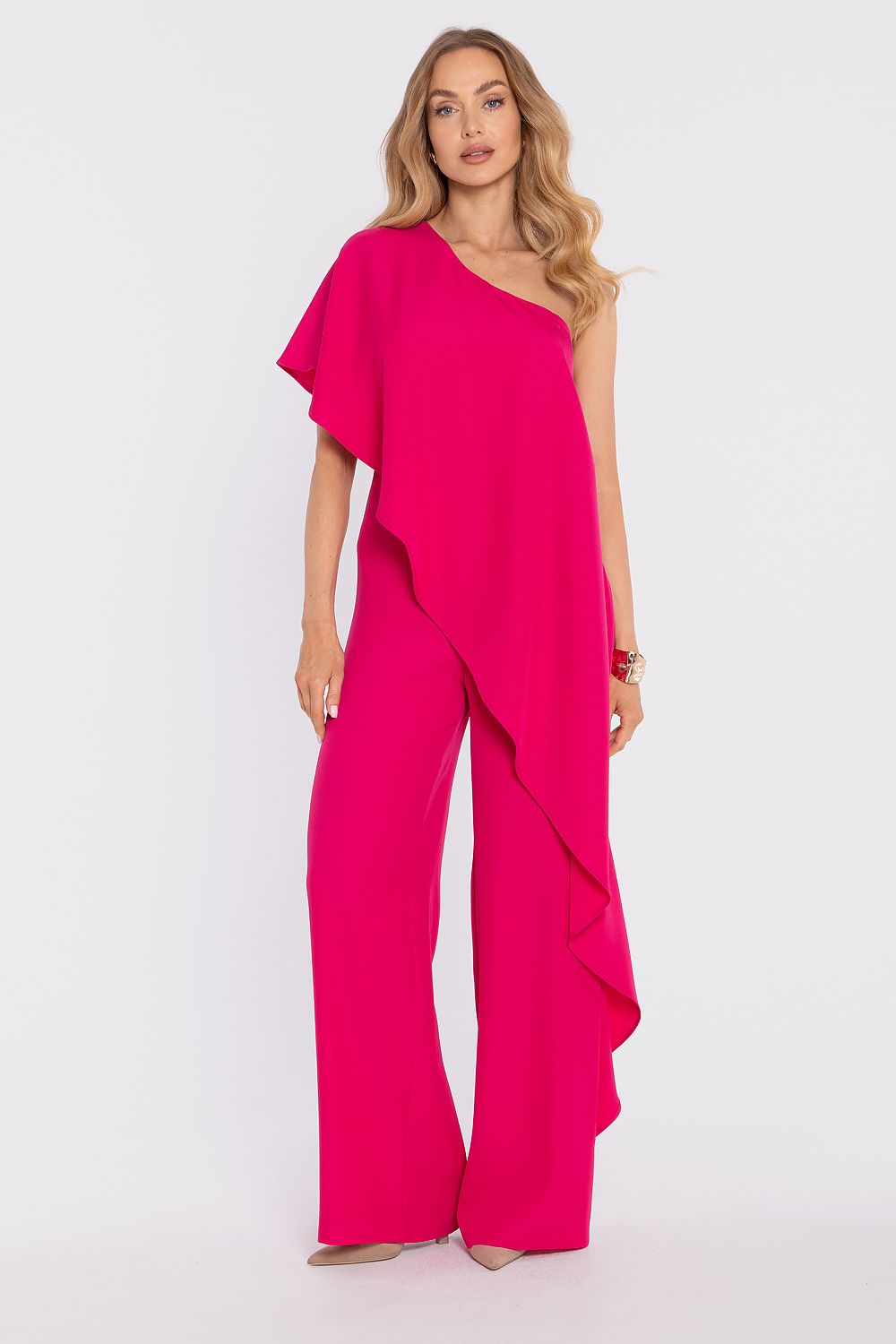 Women's pink one-shoulder jumpsuit with draped top and wide-leg trousers
