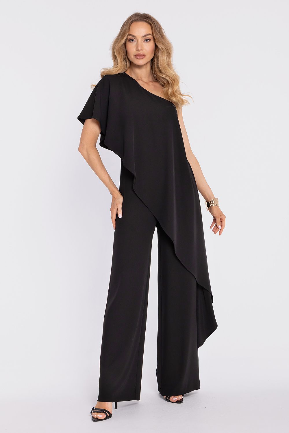 Black one-shoulder draped jumpsuit with wide-leg pants
