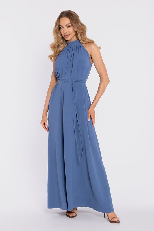 Blue halter daydress with tie waist and long A-line skirt, sleeveless