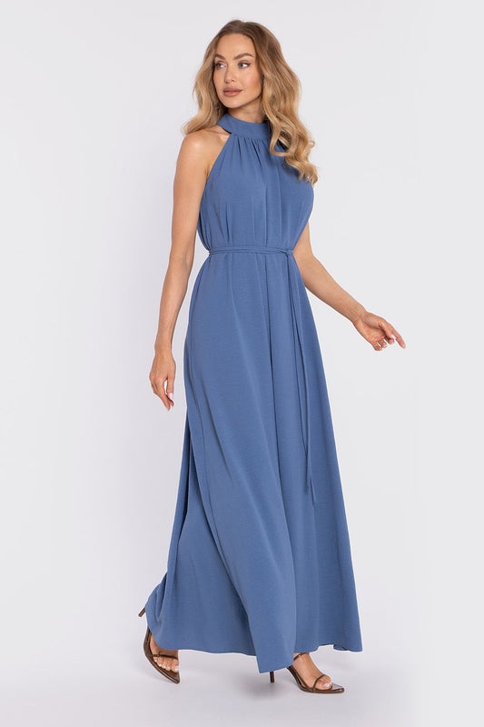 Blue halter daydress with gathered neckline, tie waist, flowing skirt with side slit