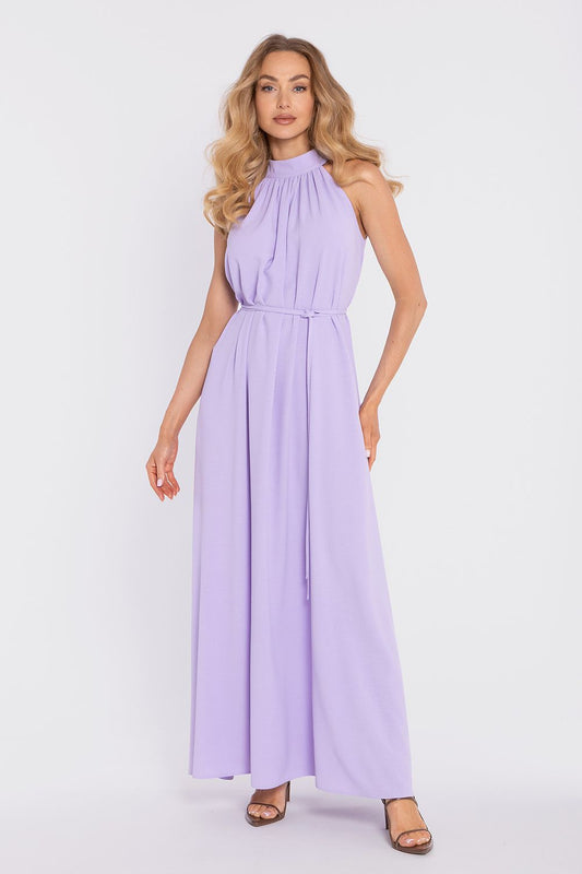 Violet sleeveless halter day dress with gathered neck and tied waist, long maxi length