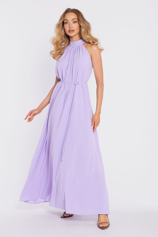 Violet sleeveless halter maxi day dress with gathered neckline and waist tie