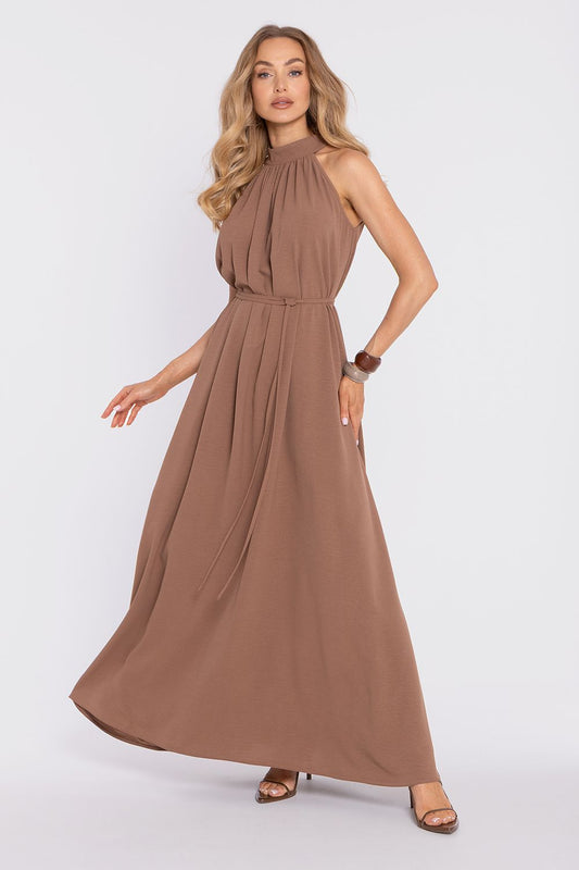 Brown halter maxi daydress with gathered waist and sleeveless cut, belted style