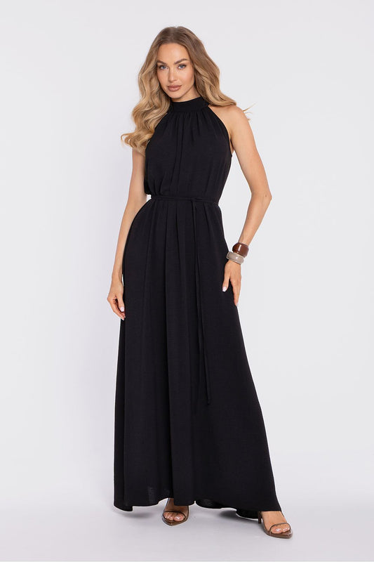 Moe black halter daydress with sleeveless high neck and gathered waist, maxi length