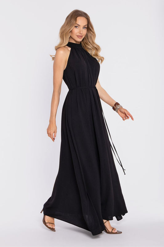 Moe black halter maxi daydress with sleeveless high neckline and cinched waist
