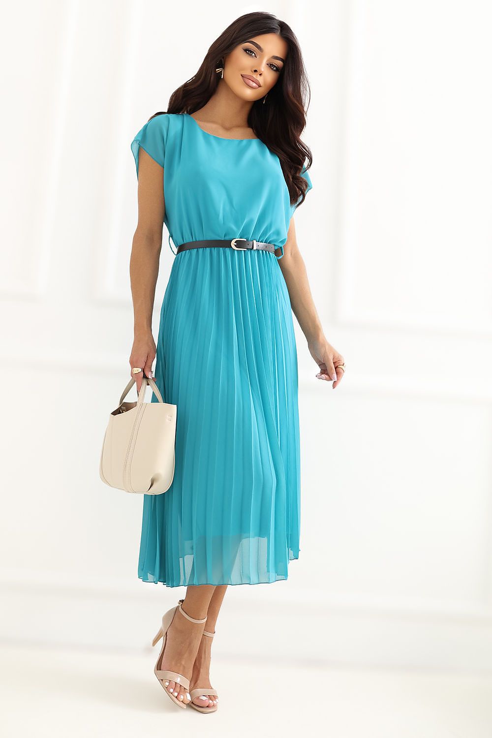 Rue Paris daydress, teal midi with cap sleeves, pleated skirt and waist belt