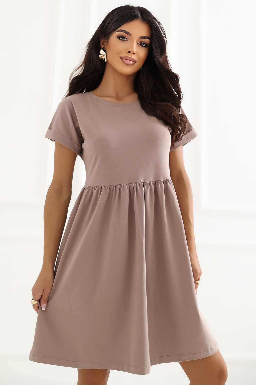 Beige short-sleeve daydress with gathered waist and flared knee-length skirt