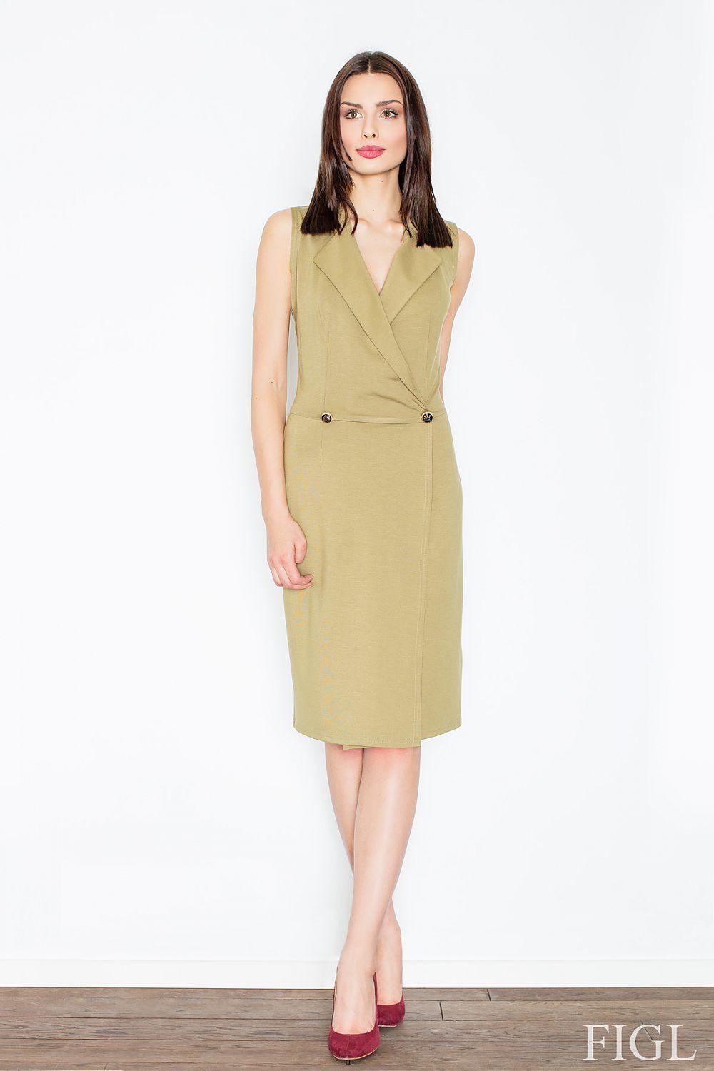 Sleeveless olive wrap day dress with V-neck and double-breasted button detail