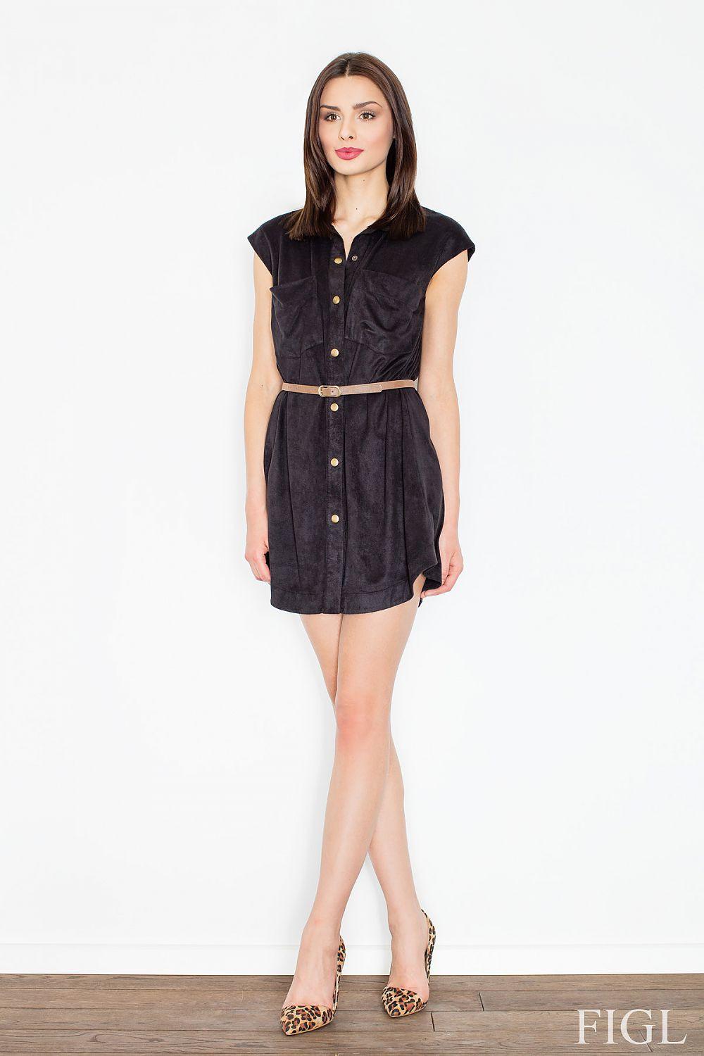 Black short-sleeve button-front daydress with collar and attached belt