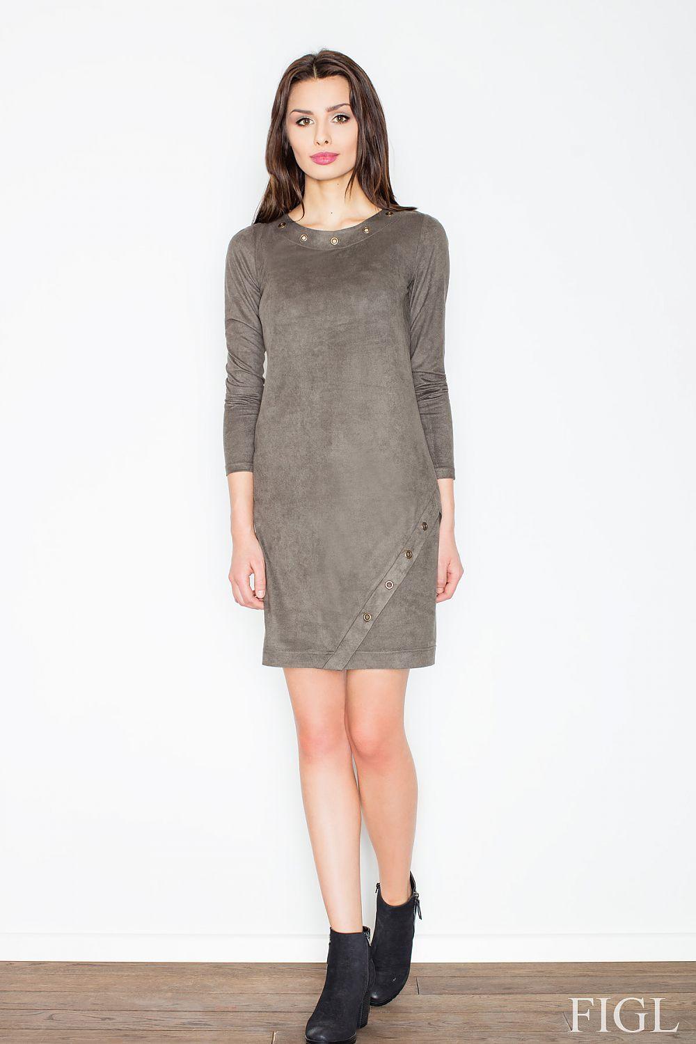 Figl daydress in taupe with long sleeves and round neckline, side buttons