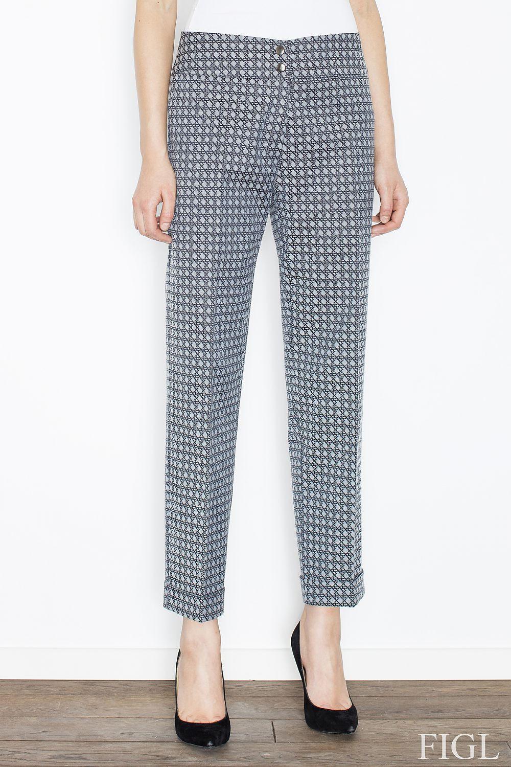Women's ankle-length grey patterned trousers with tapered legs