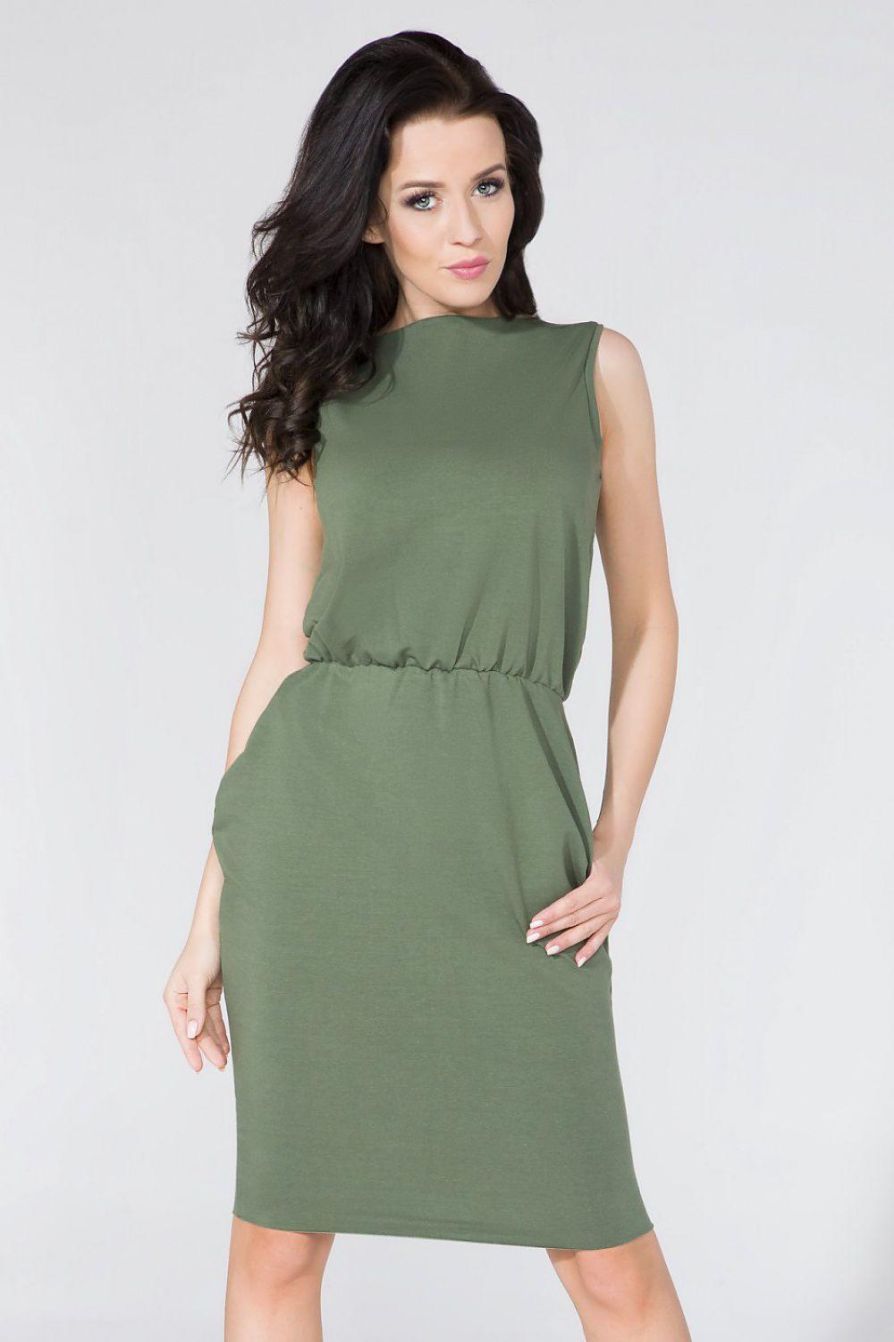 Tessita green sleeveless daydress with high neck and gathered waist, knee-length
