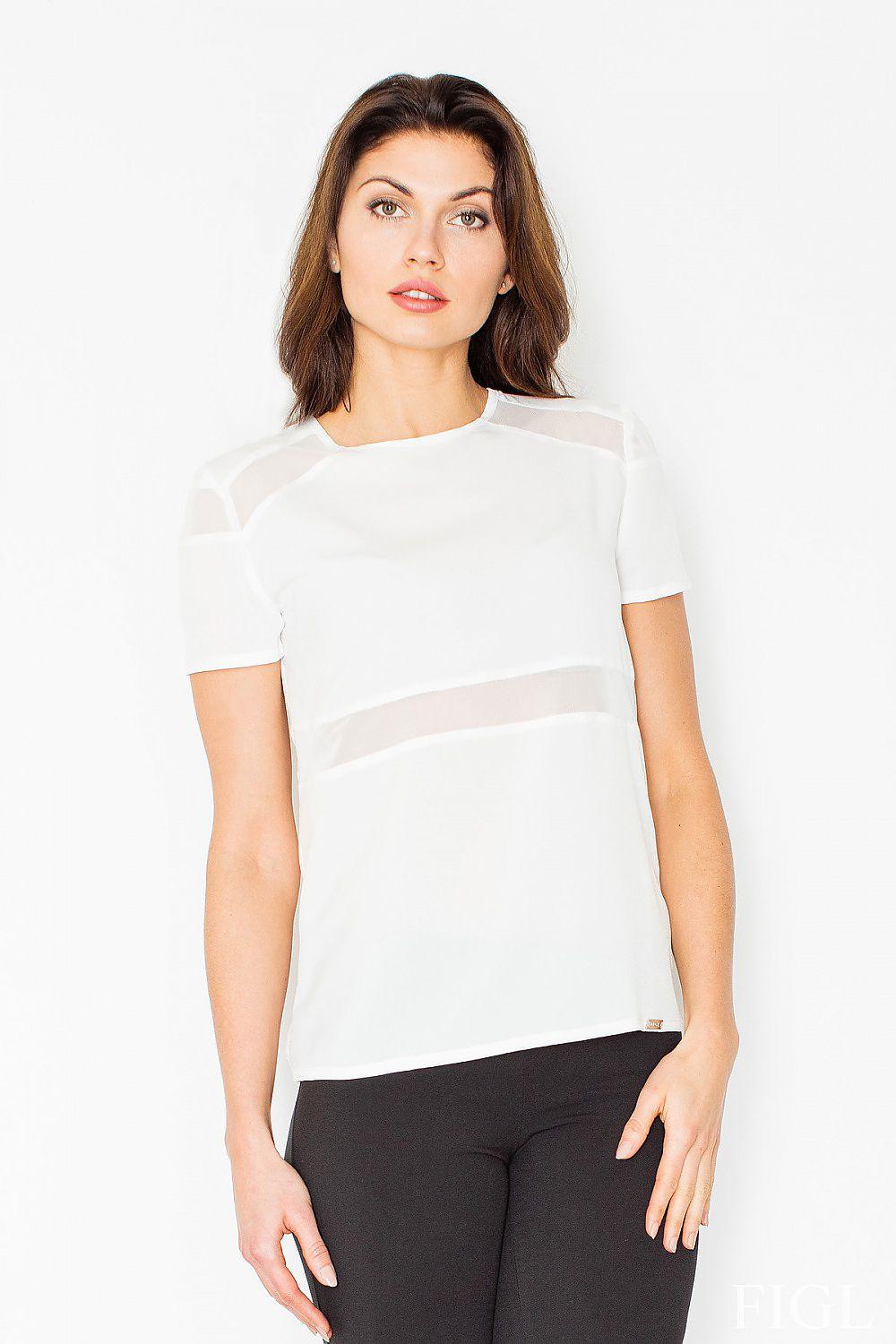 Women’s blouse with short sleeves and sheer mesh insert, light color