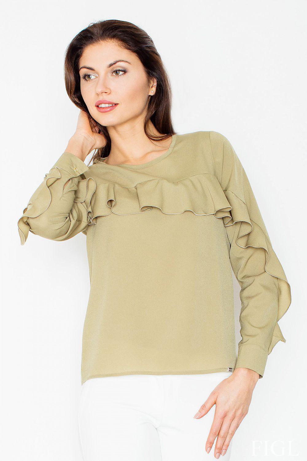Green frill long-sleeve blouse with ruffled neckline and cuffs