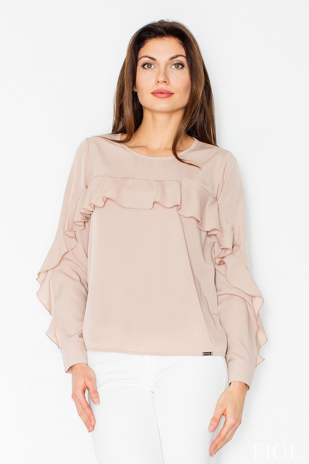 Beige long-sleeve blouse with layered frill neckline and ruffled sleeve cuffs