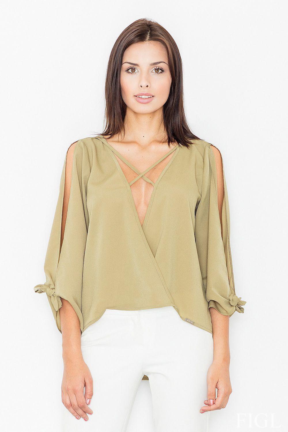 Green blouse with cut-out sleeves and laced neckline