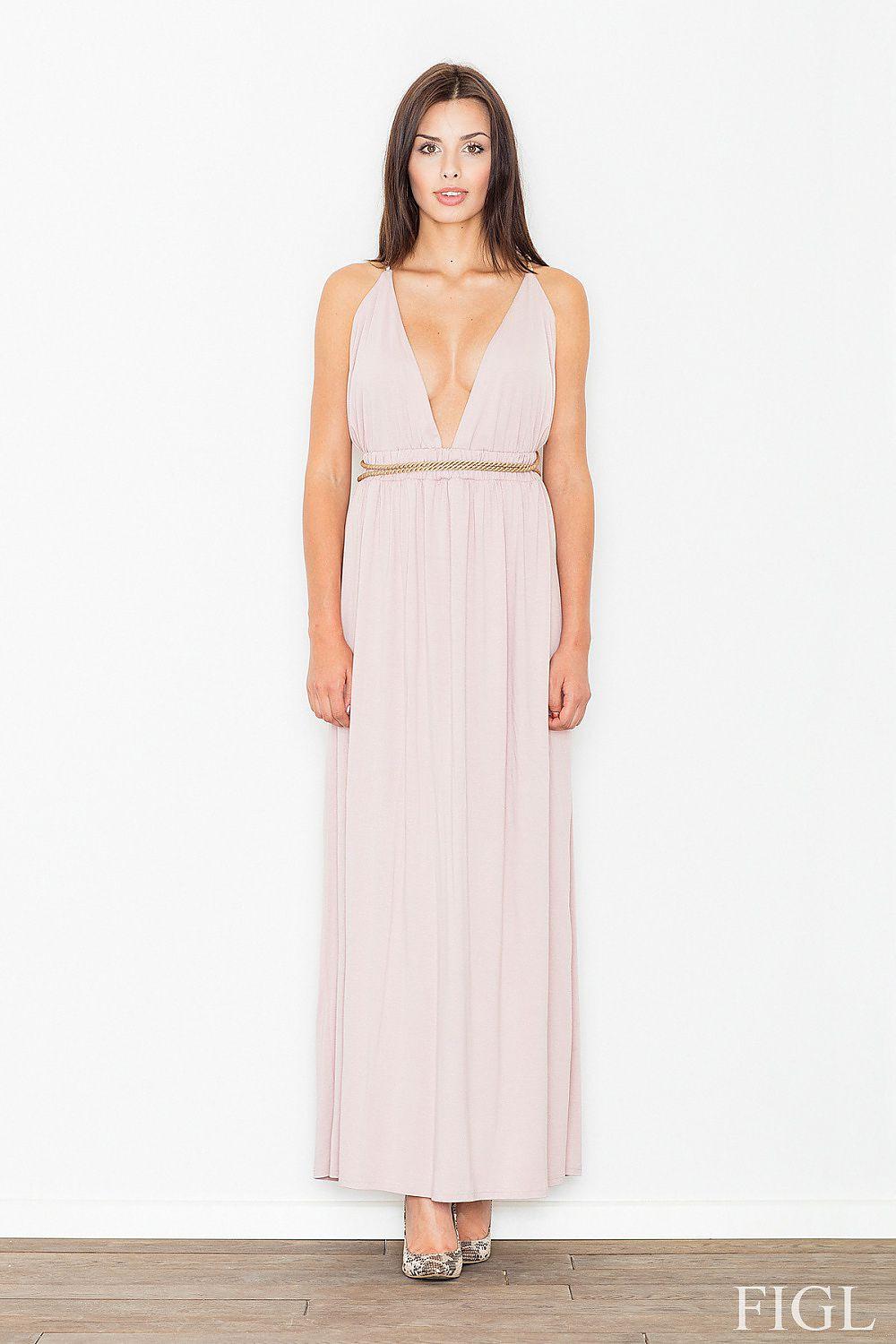 Pink sleeveless maxi dress with V-neck and elastic waist detail