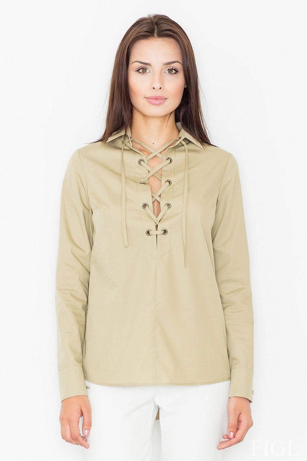 Long-sleeve blouse with deep lace-up neckline, light olive