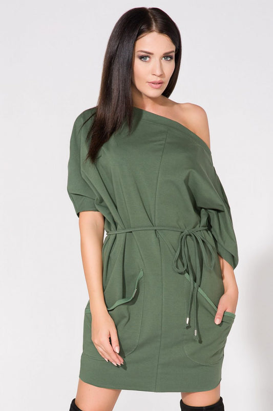 Green loose-fit day dress with pockets, drawstring waist, 3/4 sleeves, off-shoulder