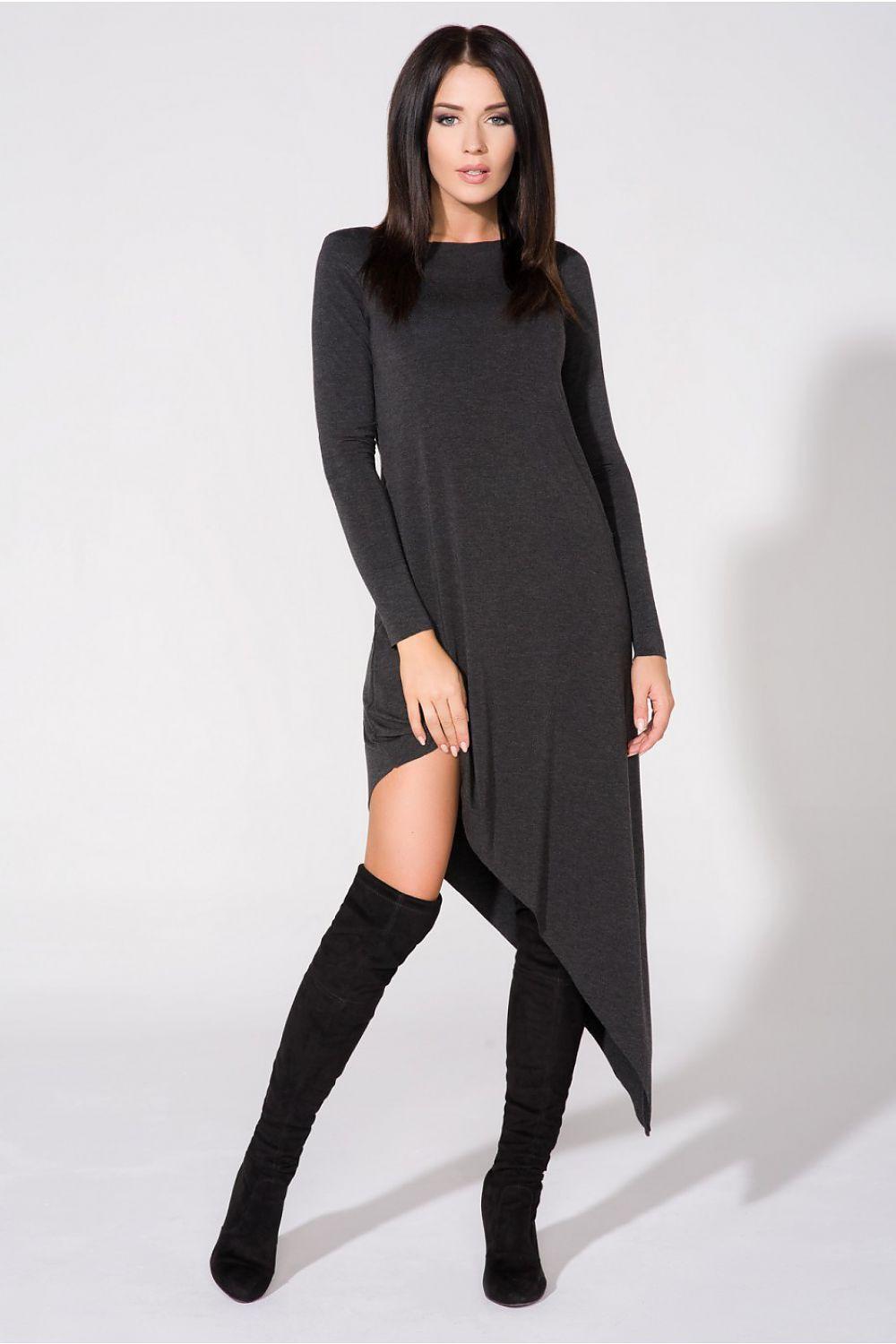 Grey long-sleeve evening dress with asymmetrical hem and high slit detail