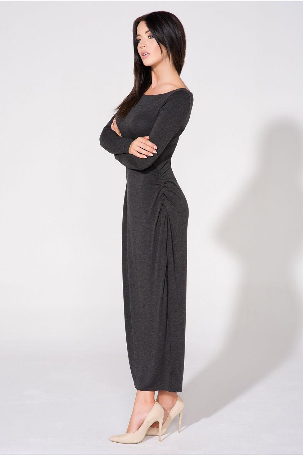 Tessita evening dress in dark grey, long sleeves, crew neck, fitted midi sheath