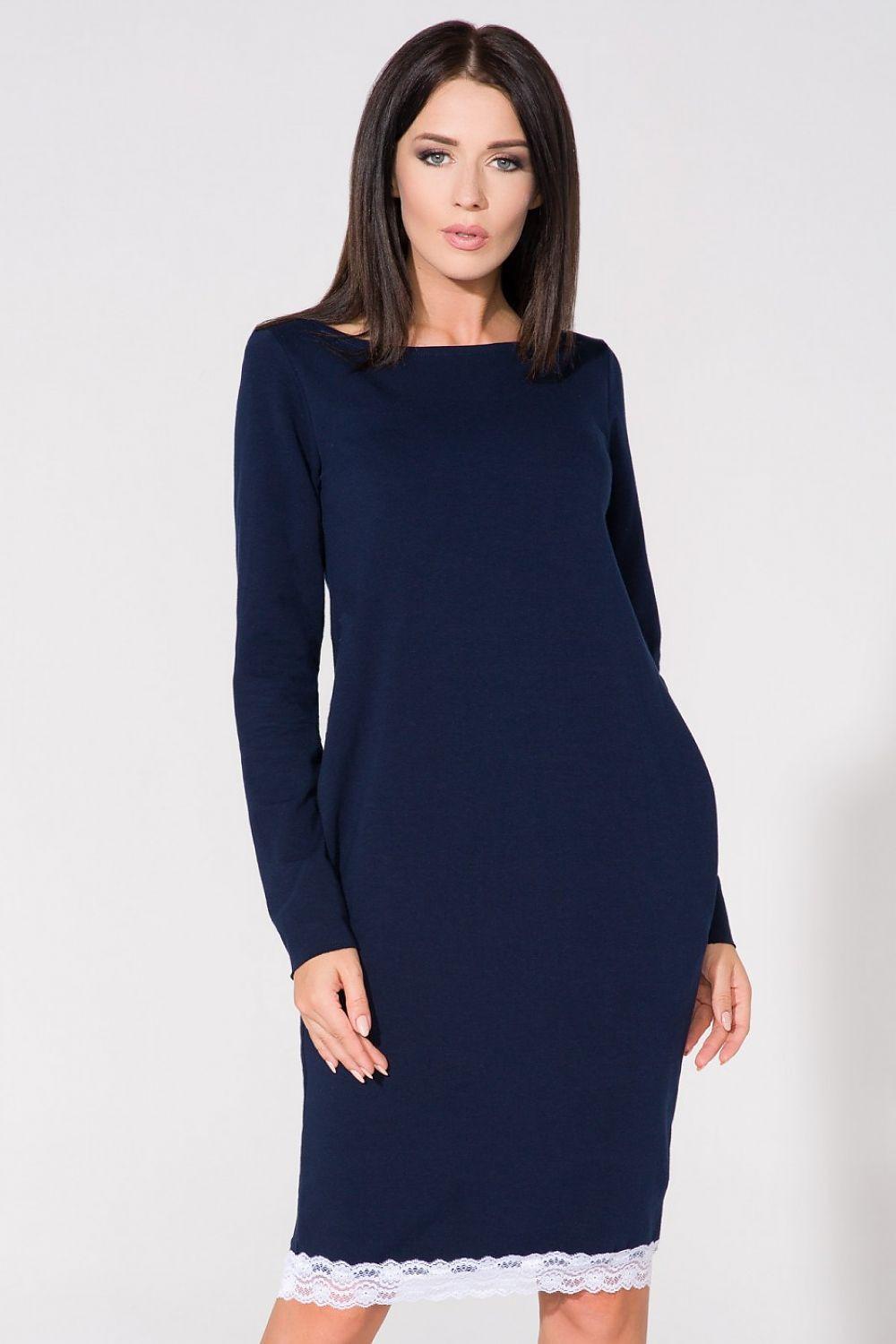 Tessita daydress in navy blue, long sleeves, straight fit, lace trim hem.