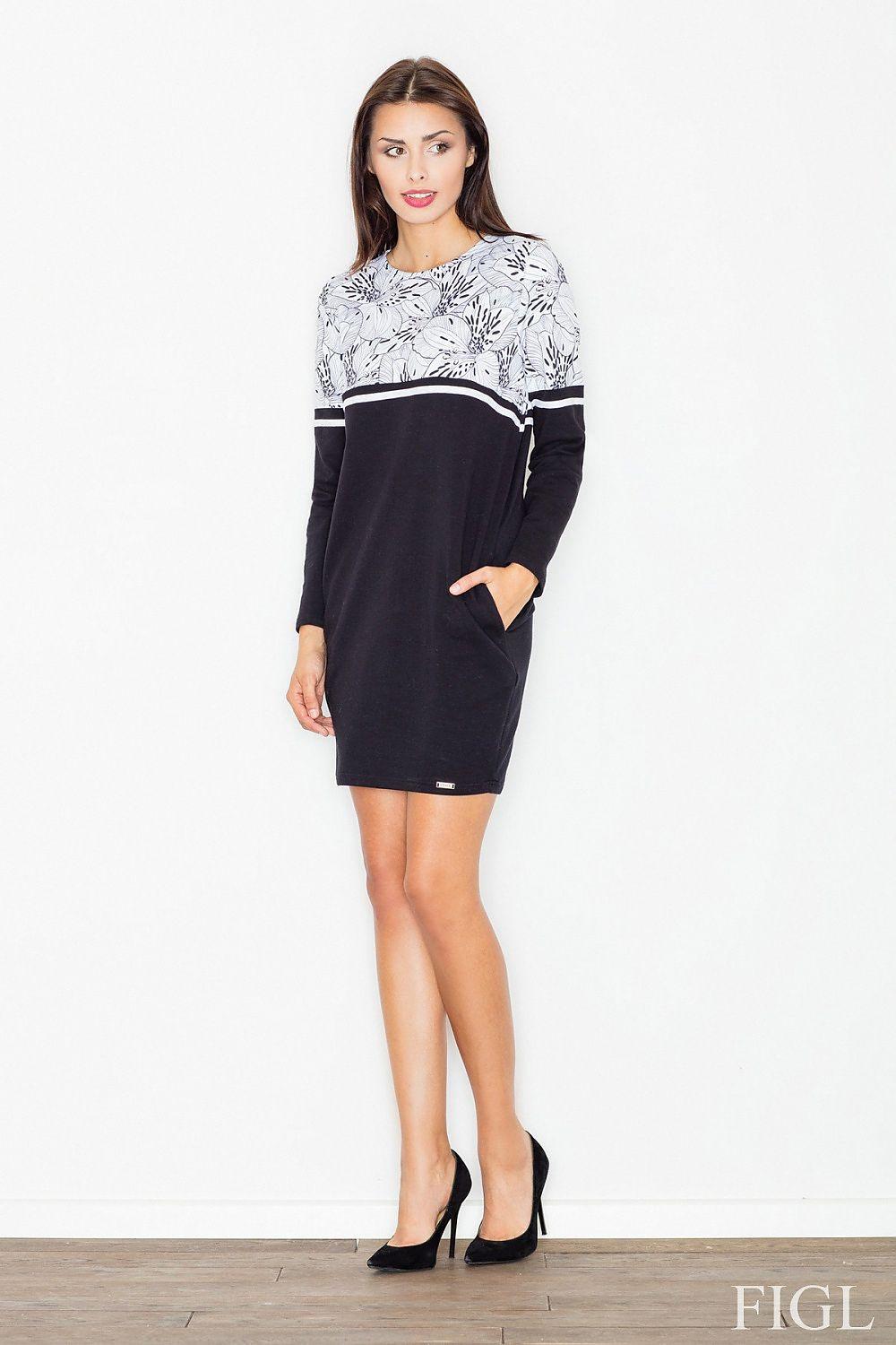 Figl daydress in black with patterned yoke and long sleeves