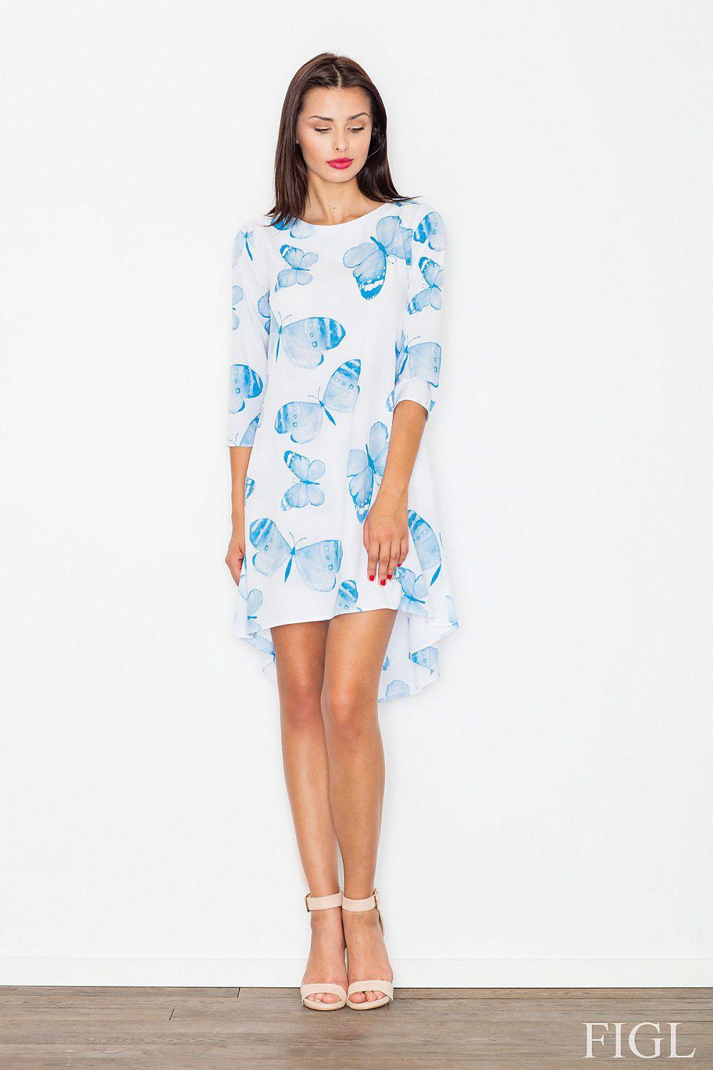 White daydress with light blue print, 3/4 sleeves and flared hem overlay