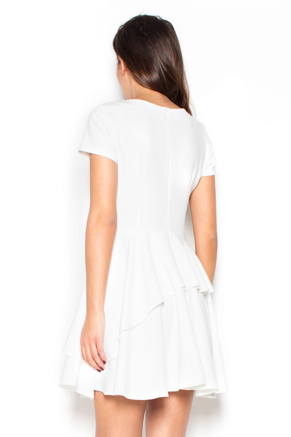 White tiered day dress with short sleeves, back view, layered flounce hem